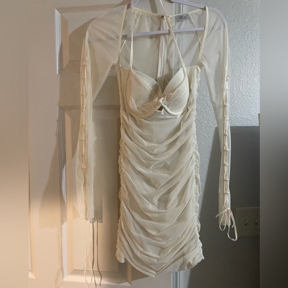 Oh Polly Cream Ruched Bodycon Mini Dress